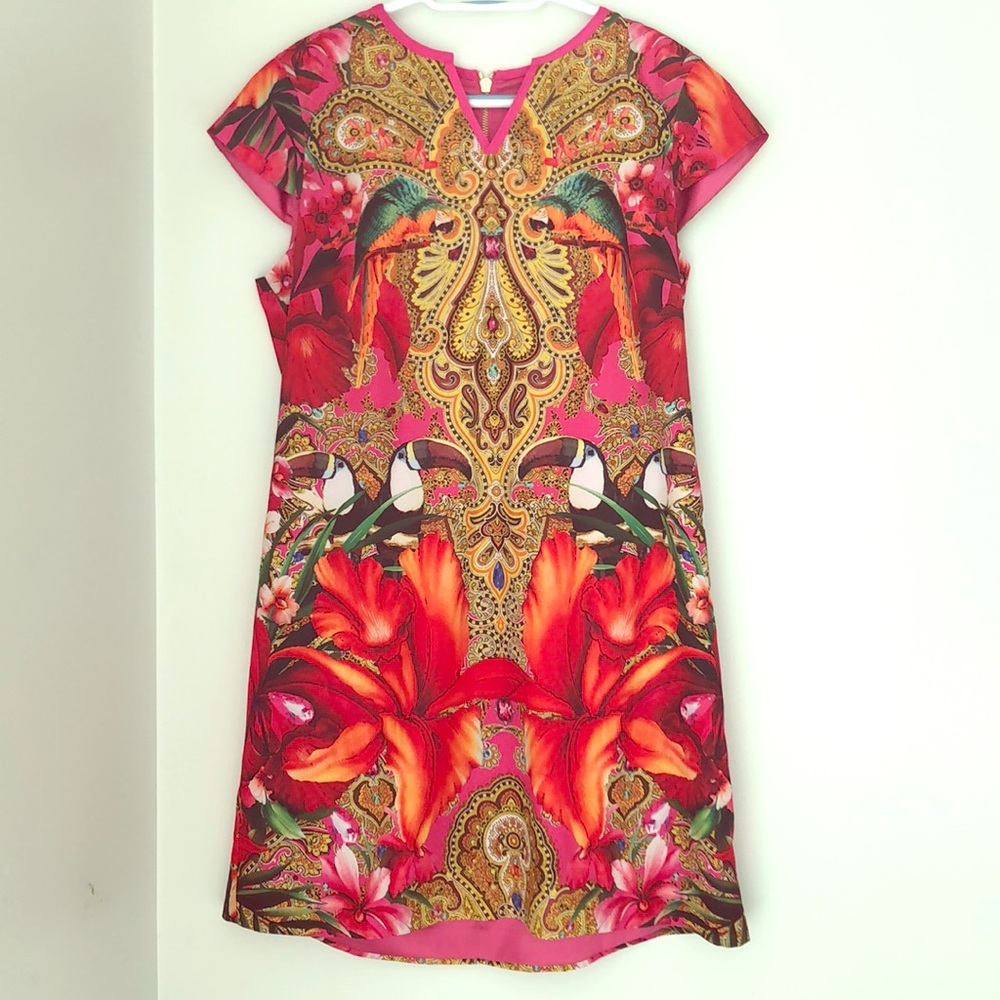 Ted Baker Aalia Cap-Sleeve Toucan Dress (Sz 12)
